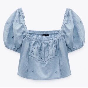 Zara Blue Cuffed Sleeve Crop Blouse